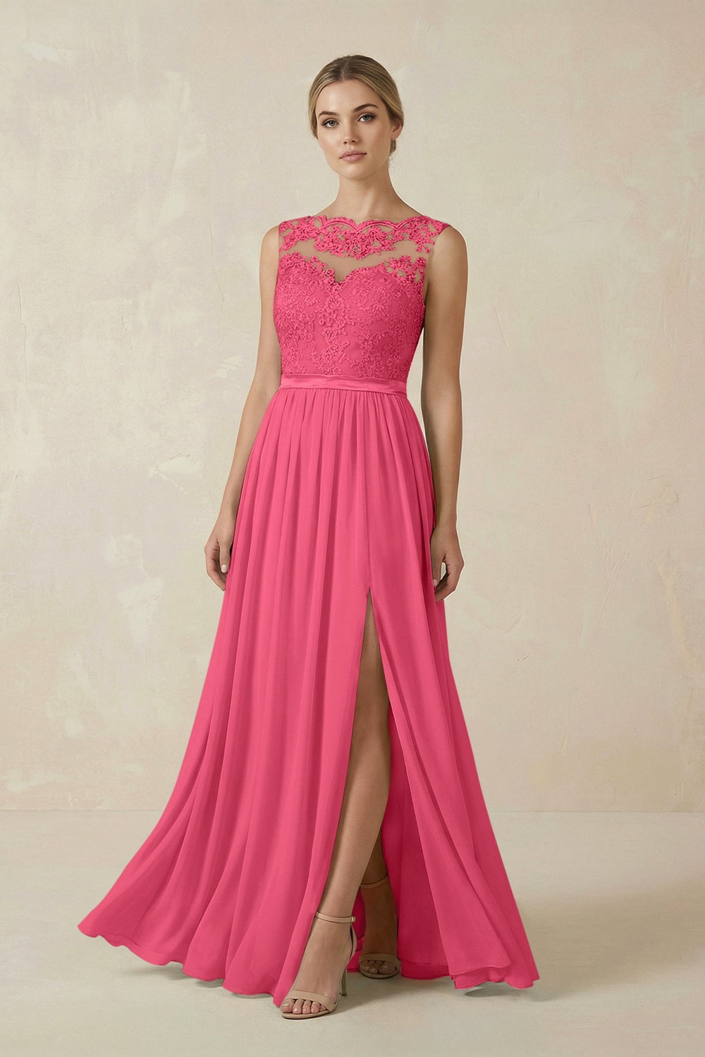 Lace A - Line Bateau Neck Chiffon Long Bridesmaid Dress in Fuchsia - KISS BRIDAL Bridesmaid Dresses