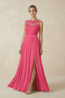 Lace A - Line Bateau Neck Chiffon Long Bridesmaid Dress in Fuchsia - KISS BRIDAL Bridesmaid Dresses