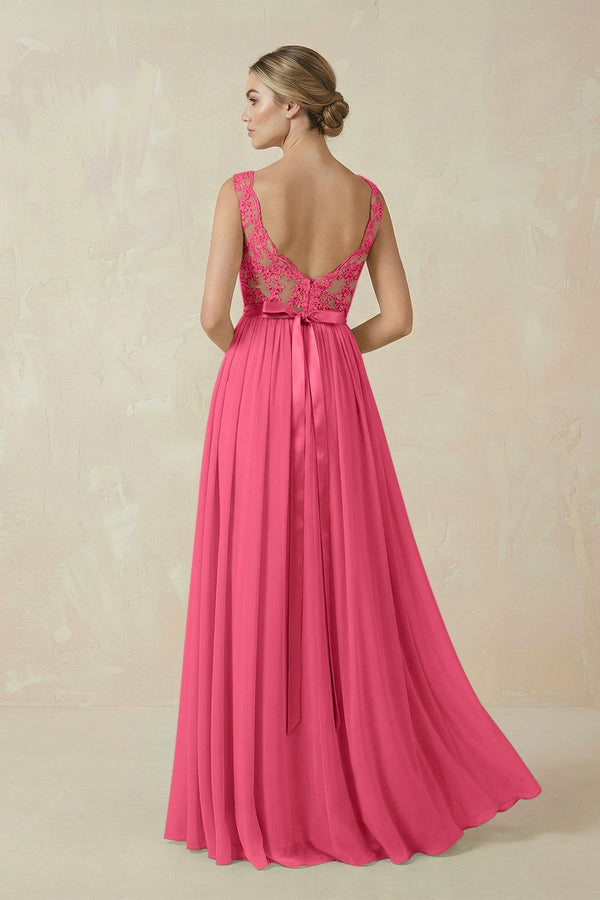 Lace A - Line Bateau Neck Chiffon Long Bridesmaid Dress in Fuchsia - KISS BRIDAL Bridesmaid Dresses