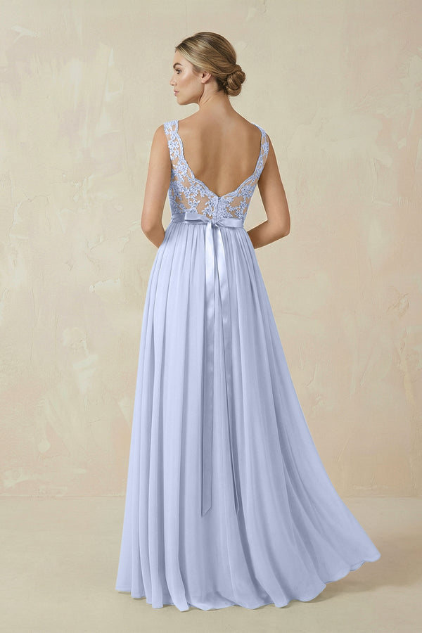 Lace A - Line Bateau Neck Chiffon Long Bridesmaid Dress in Ice - KISS BRIDAL Bridesmaid Dresses