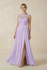 Lace A - Line Bateau Neck Chiffon Long Bridesmaid Dress in Lavender - KISS BRIDAL Bridesmaid Dresses