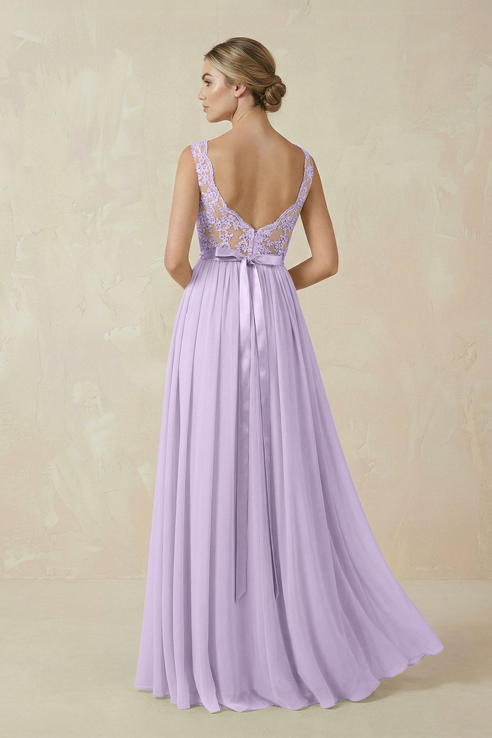 Lace A - Line Bateau Neck Chiffon Long Bridesmaid Dress in Lavender - KISS BRIDAL Bridesmaid Dresses