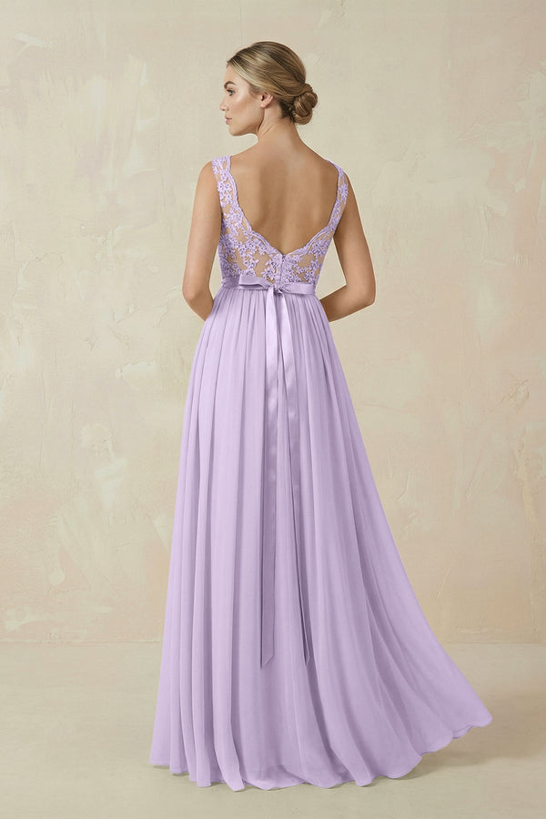 Lace A - Line Bateau Neck Chiffon Long Bridesmaid Dress in Lavender - KISS BRIDAL Bridesmaid Dresses