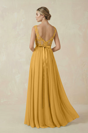 Lace A - Line Bateau Neck Chiffon Long Bridesmaid Dress in Marigold - SHE IS ME Bridesmaid Dresses