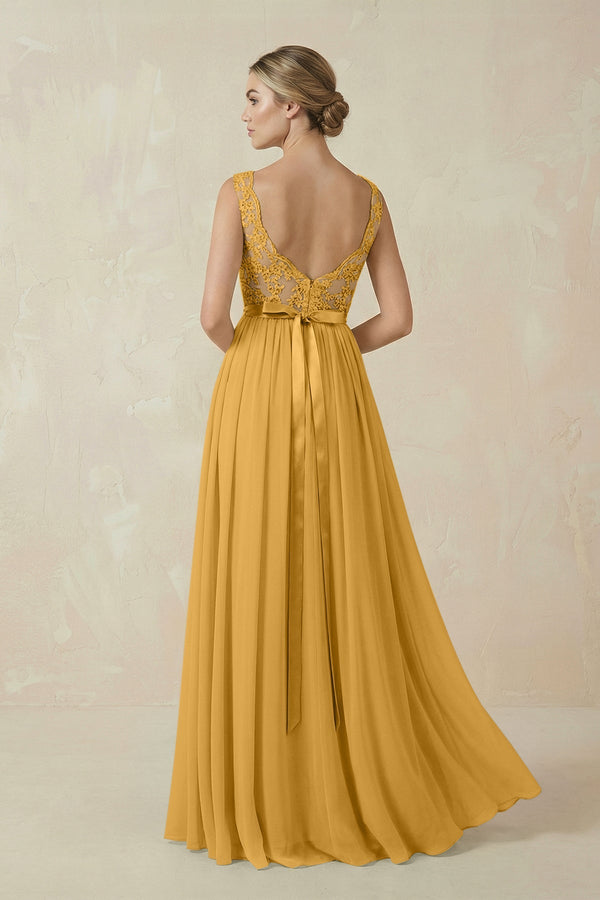 Lace A - Line Bateau Neck Chiffon Long Bridesmaid Dress in Marigold - SHE IS ME Bridesmaid Dresses