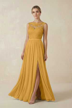 Lace A - Line Bateau Neck Chiffon Long Bridesmaid Dress in Marigold - SHE IS ME Bridesmaid Dresses