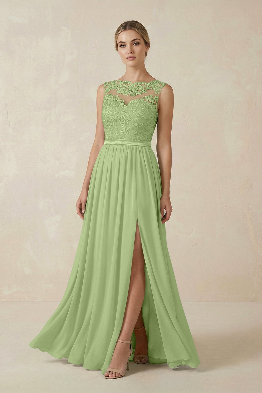 Lace A - Line Bateau Neck Chiffon Long Bridesmaid Dress in Matcha - SHE IS ME Bridesmaid Dresses