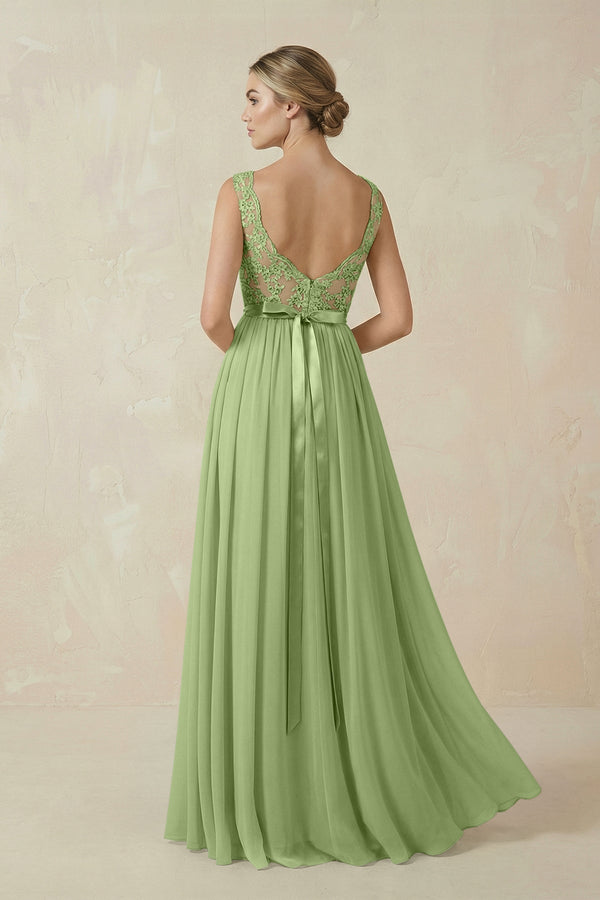 Lace A - Line Bateau Neck Chiffon Long Bridesmaid Dress in Matcha - SHE IS ME Bridesmaid Dresses