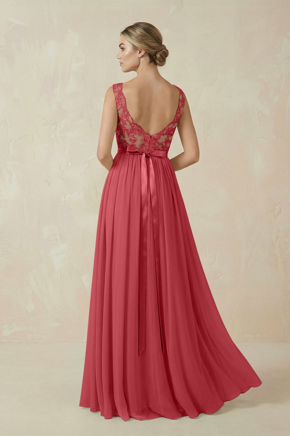 Lace A - Line Bateau Neck Chiffon Long Bridesmaid Dress in Merlot - KISS BRIDAL Bridesmaid Dresses
