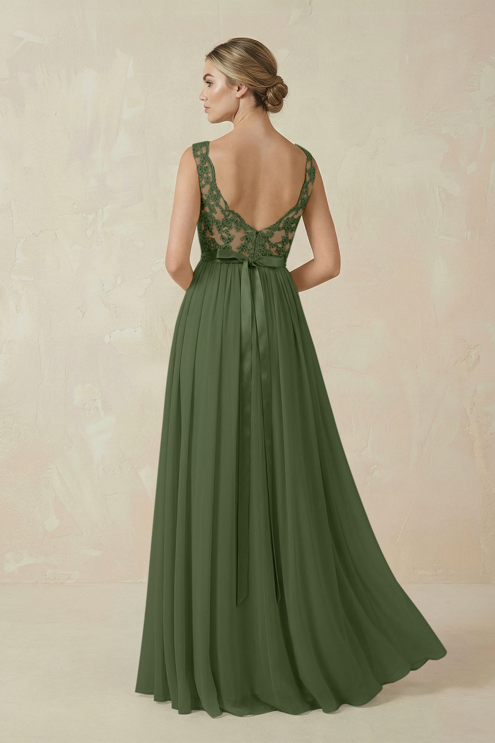 Lace A-Line Bateau Neck Chiffon Long Bridesmaid Dress in Moss