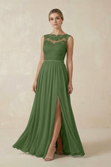 Lace A - Line Bateau Neck Chiffon Long Bridesmaid Dress in Moss - KISS BRIDAL Bridesmaid Dresses