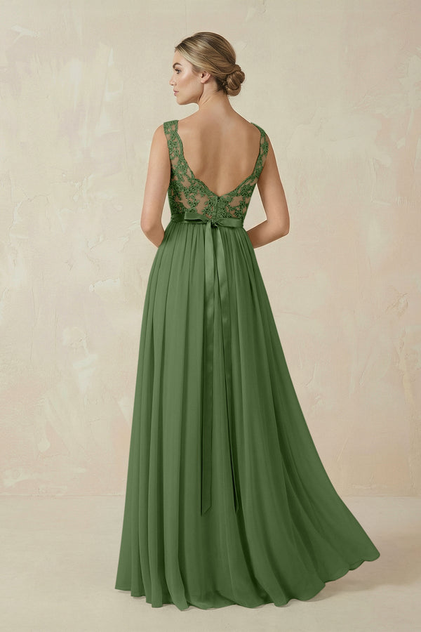 Lace A - Line Bateau Neck Chiffon Long Bridesmaid Dress in Moss - SHE IS ME Bridesmaid Dresses