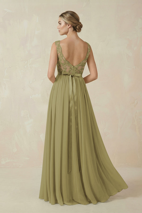 Lace A-Line Bateau Neck Chiffon Long Bridesmaid Dress in Moss Green (2) | KISSBRIDAL
