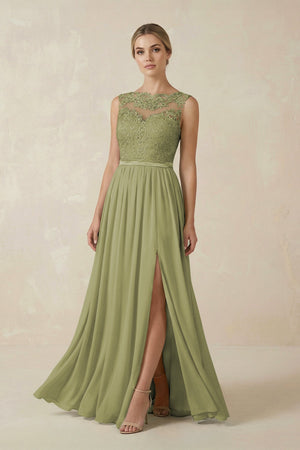 Lace A - Line Bateau Neck Chiffon Long Bridesmaid Dress in Moss Green - SHE IS ME Bridesmaid Dresses