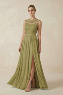 Lace A-Line Bateau Neck Chiffon Long Bridesmaid Dress in Moss Green | KISSBRIDAL