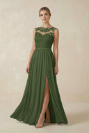 Lace A-Line Bateau Neck Chiffon Long Bridesmaid Dress in Moss | KISSBRIDAL