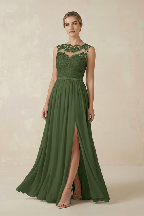 Lace A-Line Bateau Neck Chiffon Long Bridesmaid Dress in Moss | KISSBRIDAL