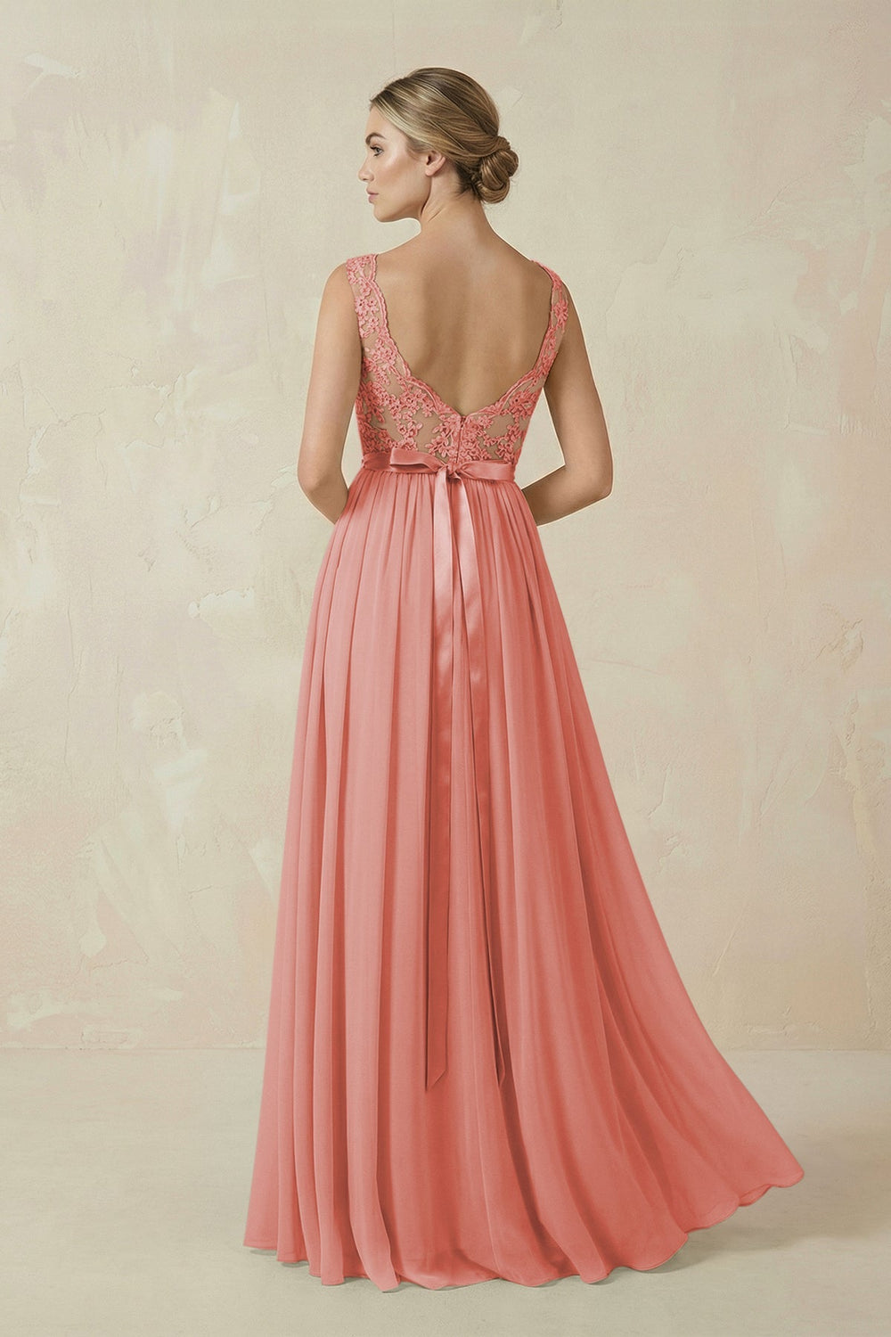 Lace A - Line Bateau Neck Chiffon Long Bridesmaid Dress in Mulberry - KISS BRIDAL Bridesmaid Dresses