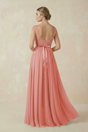 Lace A - Line Bateau Neck Chiffon Long Bridesmaid Dress in Mulberry - SHE IS ME Bridesmaid Dresses