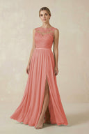 Lace A - Line Bateau Neck Chiffon Long Bridesmaid Dress in Mulberry - SHE IS ME Bridesmaid Dresses
