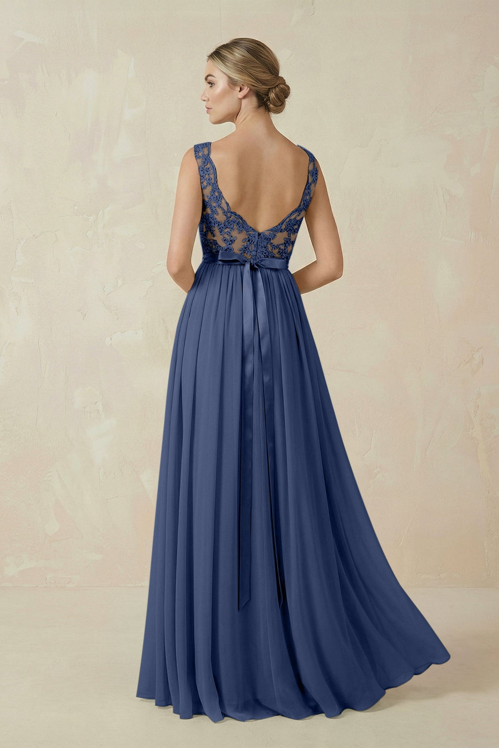 Lace A - Line Bateau Neck Chiffon Long Bridesmaid Dress in Navy - KISS BRIDAL Bridesmaid Dresses