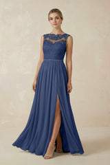 Lace A - Line Bateau Neck Chiffon Long Bridesmaid Dress in Navy - KISS BRIDAL Bridesmaid Dresses