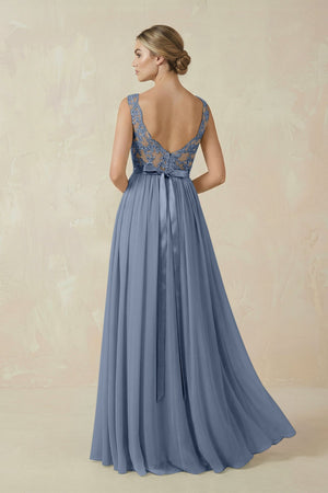 Lace A - Line Bateau Neck Chiffon Long Bridesmaid Dress in Neptune - KISS BRIDAL Bridesmaid Dresses