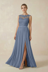 Lace A - Line Bateau Neck Chiffon Long Bridesmaid Dress in Neptune - KISS BRIDAL Bridesmaid Dresses