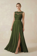Lace A - Line Bateau Neck Chiffon Long Bridesmaid Dress in Olive - KISS BRIDAL Bridesmaid Dresses
