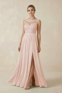 Lace A - Line Bateau Neck Chiffon Long Bridesmaid Dress in Pale Blush - KISS BRIDAL Bridesmaid Dresses