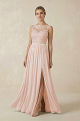 Lace A - Line Bateau Neck Chiffon Long Bridesmaid Dress in Pale Blush - KISS BRIDAL Bridesmaid Dresses