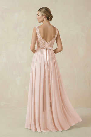 Lace A - Line Bateau Neck Chiffon Long Bridesmaid Dress in Pale Blush - KISS BRIDAL Bridesmaid Dresses