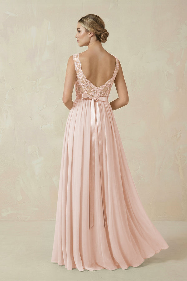 Lace A - Line Bateau Neck Chiffon Long Bridesmaid Dress in Pale Blush - KISS BRIDAL Bridesmaid Dresses