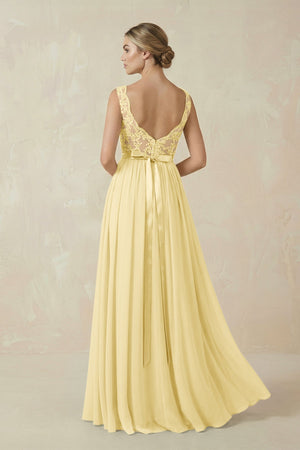 Lace A - Line Bateau Neck Chiffon Long Bridesmaid Dress in Pastel Yellow - SHE IS ME Bridesmaid Dresses