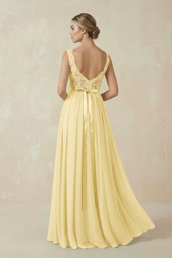 Lace A - Line Bateau Neck Chiffon Long Bridesmaid Dress in Pastel Yellow - SHE IS ME Bridesmaid Dresses