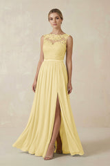 Lace A - Line Bateau Neck Chiffon Long Bridesmaid Dress in Pastel Yellow - KISS BRIDAL Bridesmaid Dresses