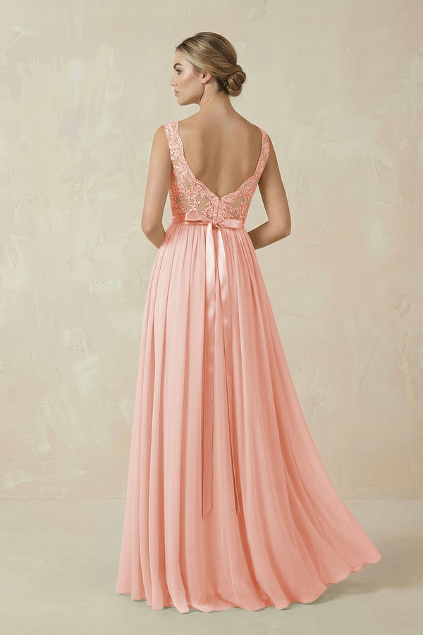 Lace A - Line Bateau Neck Chiffon Long Bridesmaid Dress in Rose Petal - SHE IS ME Bridesmaid Dresses