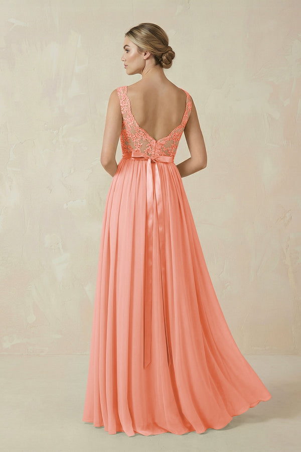 Lace A - Line Bateau Neck Chiffon Long Bridesmaid Dress in Rosette - KISS BRIDAL Bridesmaid Dresses
