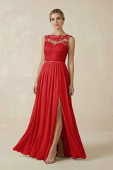 Lace A - Line Bateau Neck Chiffon Long Bridesmaid Dress in Ruby Red - KISS BRIDAL Bridesmaid Dresses