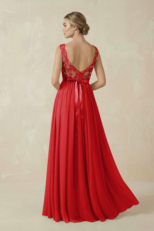 Lace A - Line Bateau Neck Chiffon Long Bridesmaid Dress in Ruby Red - SHE IS ME Bridesmaid Dresses