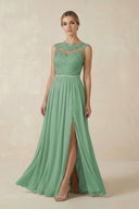Lace A - Line Bateau Neck Chiffon Long Bridesmaid Dress in Sea Glass - SHE IS ME Bridesmaid Dresses