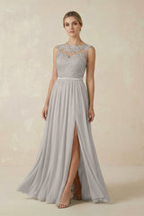 Lace A - Line Bateau Neck Chiffon Long Bridesmaid Dress in Silver - KISS BRIDAL Bridesmaid Dresses
