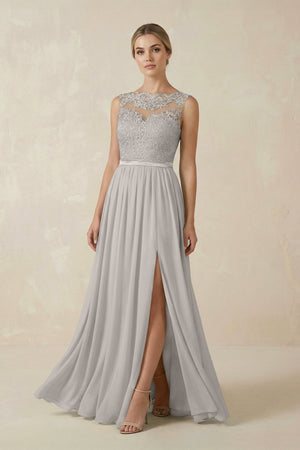 Lace A - Line Bateau Neck Chiffon Long Bridesmaid Dress in Silver - KISS BRIDAL Bridesmaid Dresses