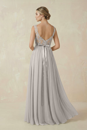 Lace A - Line Bateau Neck Chiffon Long Bridesmaid Dress in Silver - KISS BRIDAL Bridesmaid Dresses