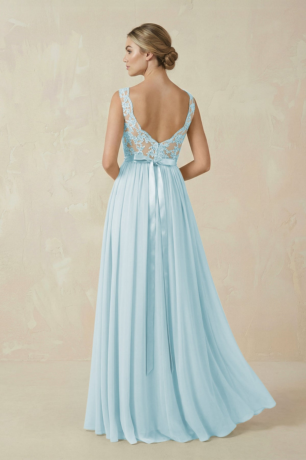 Lace A - Line Bateau Neck Chiffon Long Bridesmaid Dress in Sky Blue - KISS BRIDAL Bridesmaid Dresses