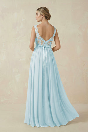 Lace A - Line Bateau Neck Chiffon Long Bridesmaid Dress in Sky Blue - KISS BRIDAL Bridesmaid Dresses