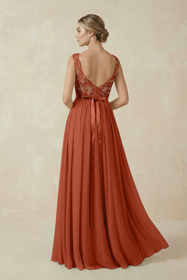 Lace A - Line Bateau Neck Chiffon Long Bridesmaid Dress in Spice - KISS BRIDAL Bridesmaid Dresses