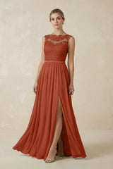 Lace A - Line Bateau Neck Chiffon Long Bridesmaid Dress in Spice - KISS BRIDAL Bridesmaid Dresses