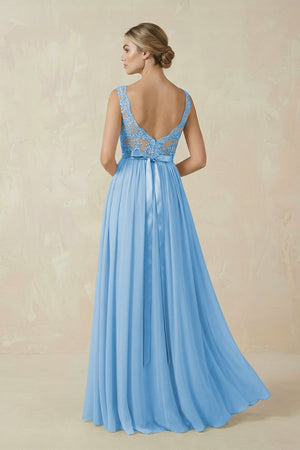 Lace A - Line Bateau Neck Chiffon Long Bridesmaid Dress in Steel Blue - KISS BRIDAL Bridesmaid Dresses