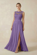 Lace A - Line Bateau Neck Chiffon Long Bridesmaid Dress in Tahiti - KISS BRIDAL Bridesmaid Dresses